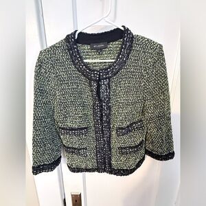 St. John Green Black Bouclé Knit Jacket Cropped Santana Blazer